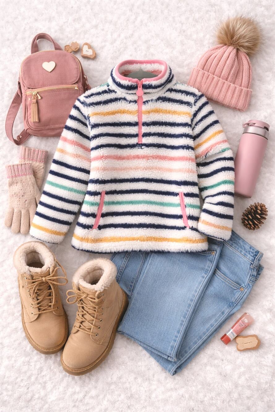 Joules Kids Girls Merridie Half Zip Teddy Fleece Pullover Striped Multi Size 3Y